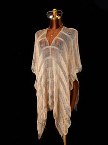 Zestiva Women's Elegant Boho Apricot High Slit Long Fringe Mesh Swimsuit Cover Up,Summer Beach Holiday Holiday,Seaside,Hot Spring,Suitable For Spring,Autumn - Gold - View 2