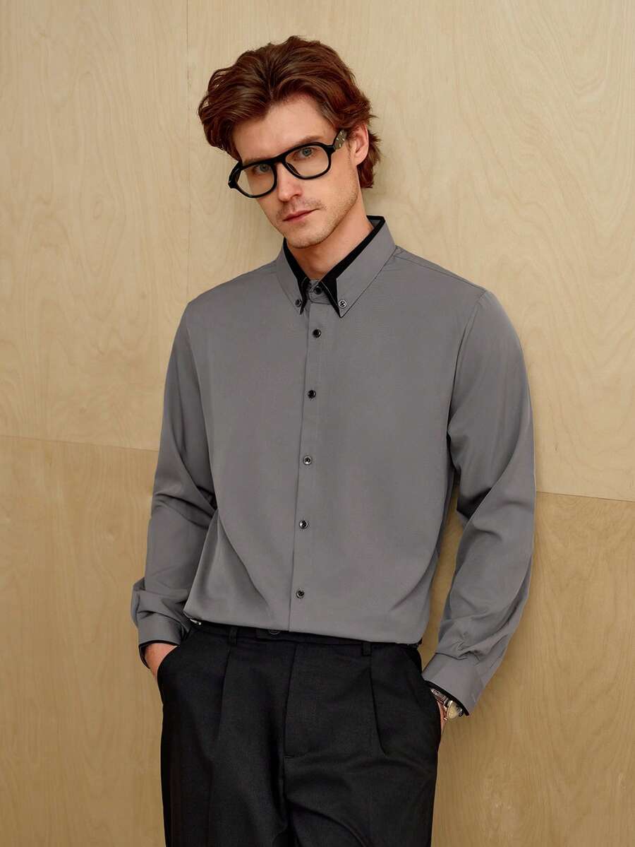 MENRIVO Camisa casual de negocios con botones delanteros de unicolor para hombre, de manga larga, para otoño - Gris Claro - Ver 1