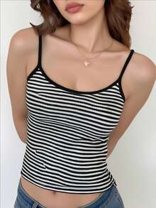 SHEIN Leap Crew 青少年女孩黑白罗纹针织吊带背心无袖休闲百搭街头风背心，适合春夏季 - 黑與白 - 查看 3