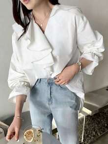 INAWLY V-Neck Ruffle Patchwork Loose Blouse - White - View 4
