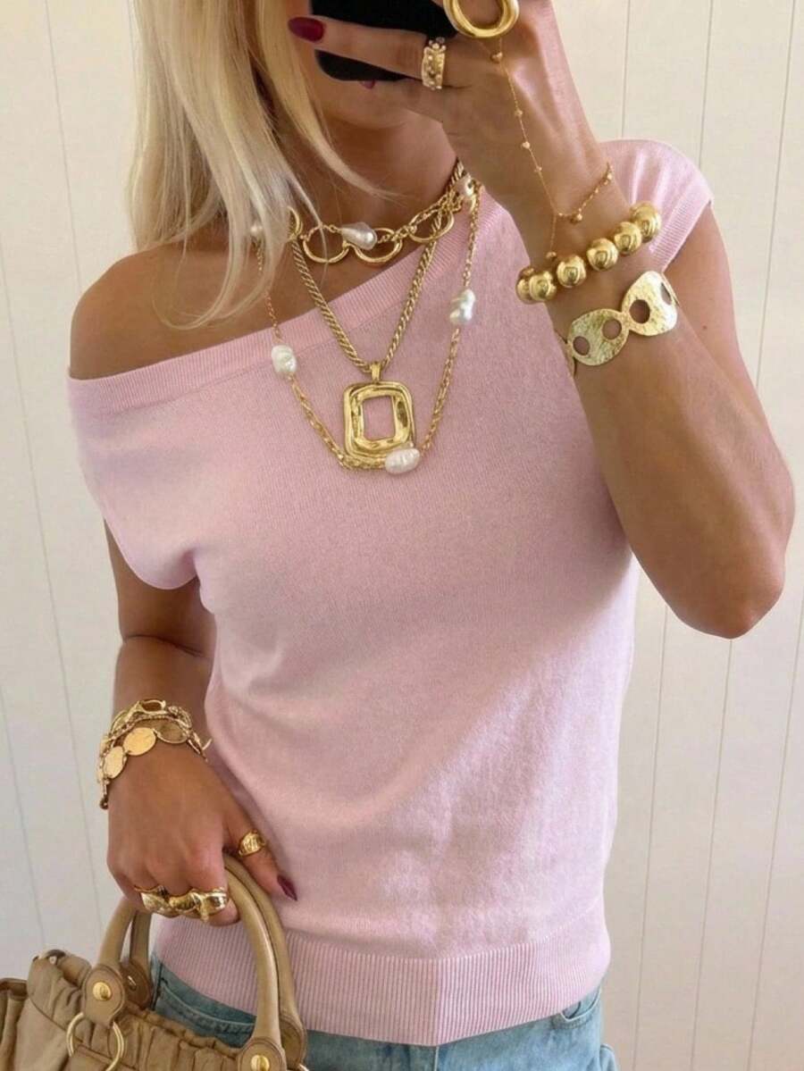 SHEIN EZwear 休闲纯色不对称领毛衣，春夏款 - 粉色 - 查看 1