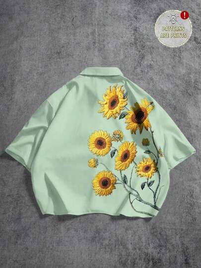 Manfinity ZONE917 Men's Casual Floral Print Button-Front Short Sleeve Cropped Shirt, Summer