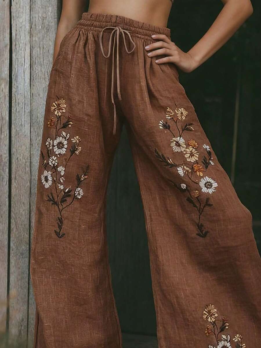 Balvessa Women's Drawstring Waist Floral Print Linen-Like Casual Pants - Coffee Brown - View 1