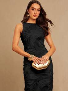 Silquee 女士网纱刺绣修身长裙 - 黑色 - 查看 4