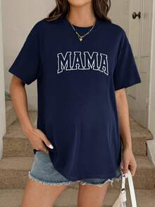 SHEIN Áo thun ngắn tay cổ tròn in chữ, thích hợp cho bà bầu và cho con bú, kiểu dáng thường ngày, mùa hè. - Màu xanh hải quân - Xem 4