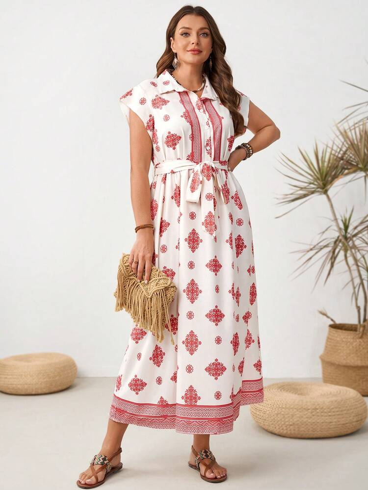 Plus Size Women Vacation Style Geometric Floral Print Button Tie Waist Dress