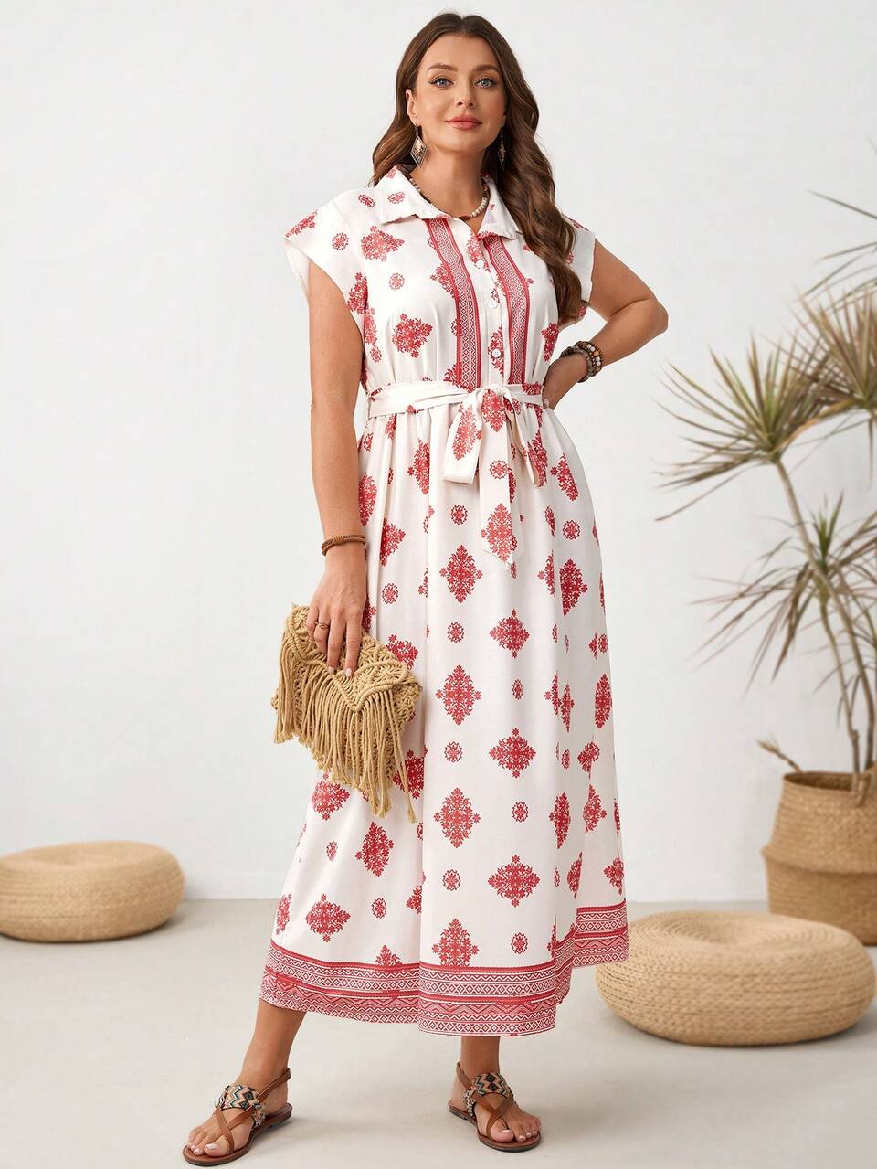 Plus Size Women Vacation Style Geometric Floral Print Button Tie Waist Dress Gym Brown Summer