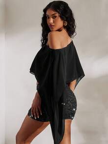 Opulessa Set de 2 piezas con top tubo ajustado de unicolor y blusa suelta de cuello asimétrico tejida - Negro - Ver 2