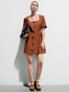 Aveloria Modichic Vestido de cuello cuadrado con cintura ceñida en color rojo ladrillo, con delicada confección fruncida, de estilo retro elegante y versátil, adecuado para citas, trabajo, salidas casuales, picnics - Naranja Quemada - Ver 6