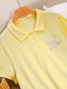 CosyJoli Plus Size Women Starfish Decor Button Half Placket Short Sleeve Casual Dress - Pale Yellow - View 5