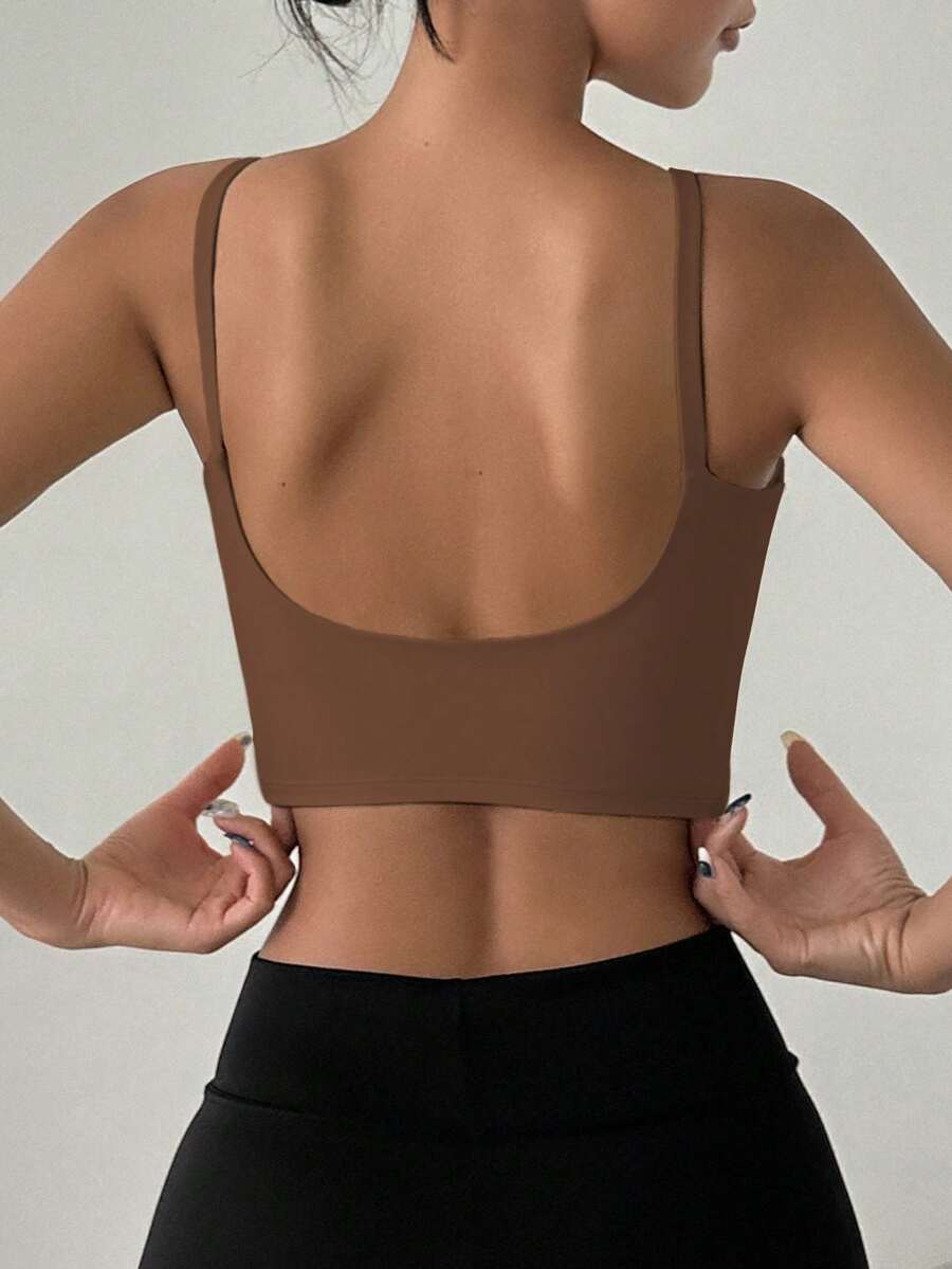 DAZY Spaghetti Strap Elastic Cropped Sports Bra For Women - Brown - View 1