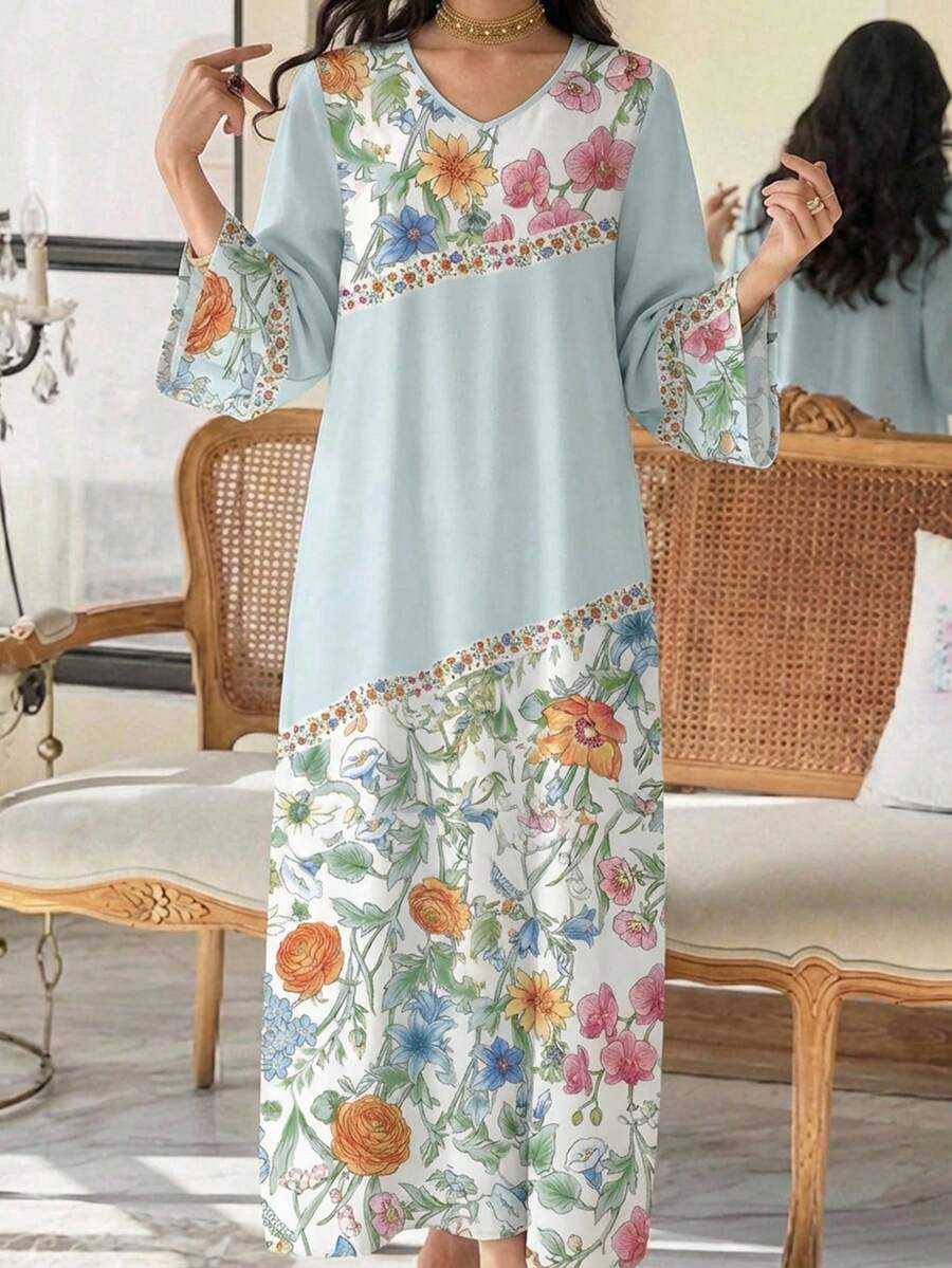 SHEIN Najma Women's Floral Print Casual Minimalist Dress, Suitable For Gatherings And Outings, Conservative Style - Multicolor - View 1
