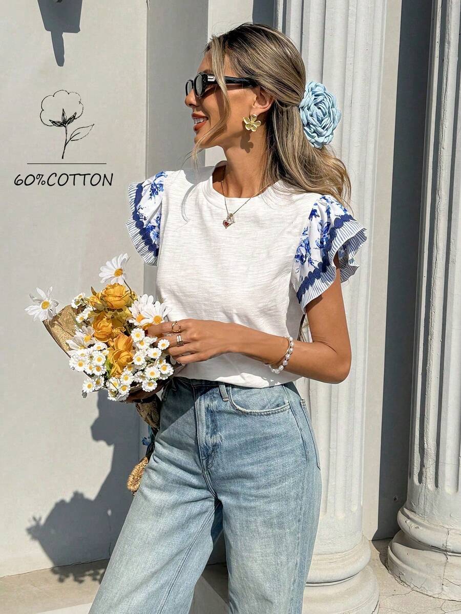 SHEIN Holidaya 女款優雅白藍花卉荷葉袖T恤,夏季棉質波希米亞風上衣,可愛花朵短袖上衣,適合春季茶會 - 白色 - 查看 1