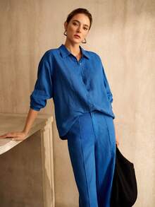 MOTF PREMIUM WOMEN'S LINEN COMFORTABLE LOOSE SHIRT - Blue - View 4