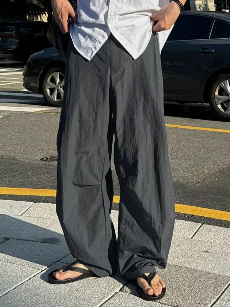 Long Solid Dark Grey Loose Fit Men's Pants