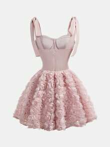 Pitira Đầm mini màu hồng trơn bằng satin phối lưới thắt nơ ở eo, kiểu dáng thanh lịch, thời trang, không dây vai, dáng đuôi cá với họa tiết hoa ở gấu váy, thích hợp cho tiệc độc thân, đám cưới, lễ tốt nghiệp, kỳ nghỉ, tiệc trà chiều, dạ hội. - Hồng - Xem 2