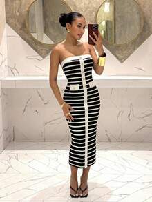 Slaydiva Women's Striped Button Design Fitted Midi Dress - Black and White - View 3