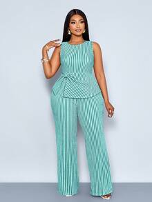 SOLERSUN Plus Size Women's Light Green Summer Elegant Formal 2 Piece Pants Set,Sleeveless Cinched Top,Striped Wide Leg Pants,Fashion Casual Vacation Clothes - Mint Green - View 2
