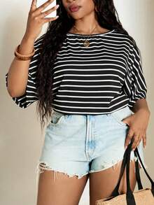 SHEIN PETITE CURVE Áo liền thân tay ngắn kẻ sọc đen trắng thời trang dành cho nữ - Nhiều màu - Xem 5