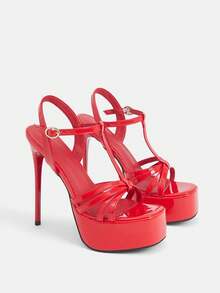 CUCCOO LuxiPop Giày sandal cao gót nữ, mũi tròn, chất liệu PU, trang trí sọc, thời trang và thoải mái cho các bữa tiệc và liên hoan hàng ngày, giày cao gót có khóa cài, phong cách hộp đêm gợi cảm, lễ Phục sinh, trang phục đi nghỉ mát, đồ dùng cần thiết khi đi du lịch, phong cách thập niên 2000, trang phục mùa hè, không khí nghỉ dưỡng, phong cách cô nàng cá tính cho đêm đi chơi. - Đỏ - Xem 2