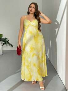 Firerie Women's Plus Size White Summer Elegant Vacation Holiday Beach Spaghetti Strap Twist Front Loose Maxi A-Line Pleated Tie Dye Floral Print Dress - Yellow - View 6