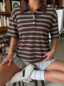Muchica Brown Striped Knit Casual Women's Short-Sleeved T-Shirt, Summer, Beachwear, Vacation Wear, Resort Wear - Multicolor - View 4