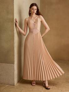 MOTF PREMIUM ROMANTIC V-NECK LACE PATCHWORK PLEATED CAMISOLE DRESS, SPRING/SUMMER - Coral Pink - View 5
