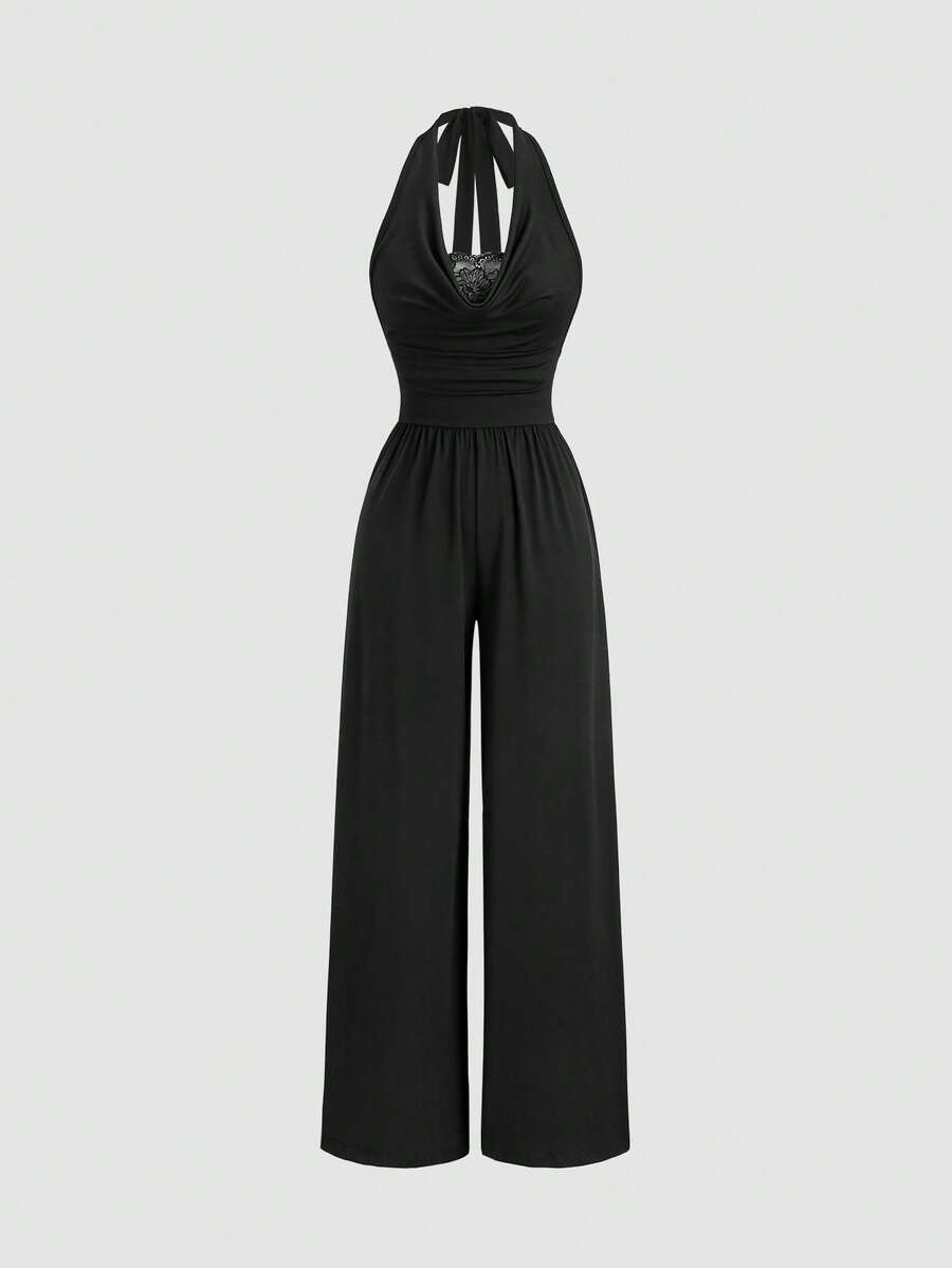 Sweetra Mono de pierna ancha con cuello alto de encaje, espalda descubierta, estilo sexy para vacaciones - Negro - Ver 1