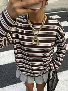 Muchica 女士休闲条纹印花圆领宽松长袖T恤，适合夏季穿着 - 彩色 - 查看 5