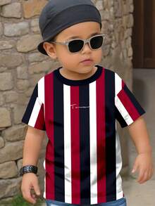 SHEIN Young Boy Casual Classic Striped Patchwork Graphic Print Round Neck Loose T-Shirt, Suitable For Summer - Multicolor - View 1