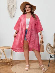SHEIN CURVE+ Curve 尺码 US22 音乐节、海滨度假、波西米亚风休闲纯色镂空衬衫 - 玫紅色 - 查看 6