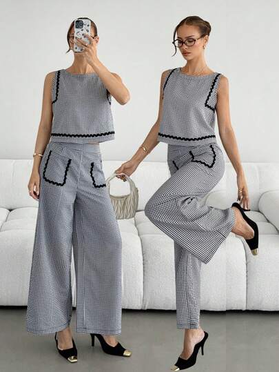 Siren Gaze Conjunto de 2 piezas elegante y casual de cuadros para mujer, top corto sin mangas con ribete de contraste y pantalones de pierna ancha, conjunto de ropa de playa, vacaciones y fiestas, cuadros blancos y negros, conjuntos de verano para mujer, conjuntos casuales para mujer, ropa de verano, conjuntos Y2K, trajes de negocios, trajes de trabajo