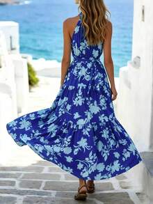 Breezaya Women's Light Blue Floral Summer Boho Halter Neck Maxi Dress,Allover Print Layered Hem Belted Elegant Long Holiday Vacation Outfits For Beach Resort - Royal Blue - View 2