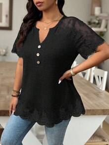 EMERY ROSE Plus Size Black Summer Elegant Everyday T-Shirt,V-Neck Keyhole Lace Mesh Splice Waffle Knit Short Sleeve Wooden Button Decor Casual Vacation Top - Black - View 1