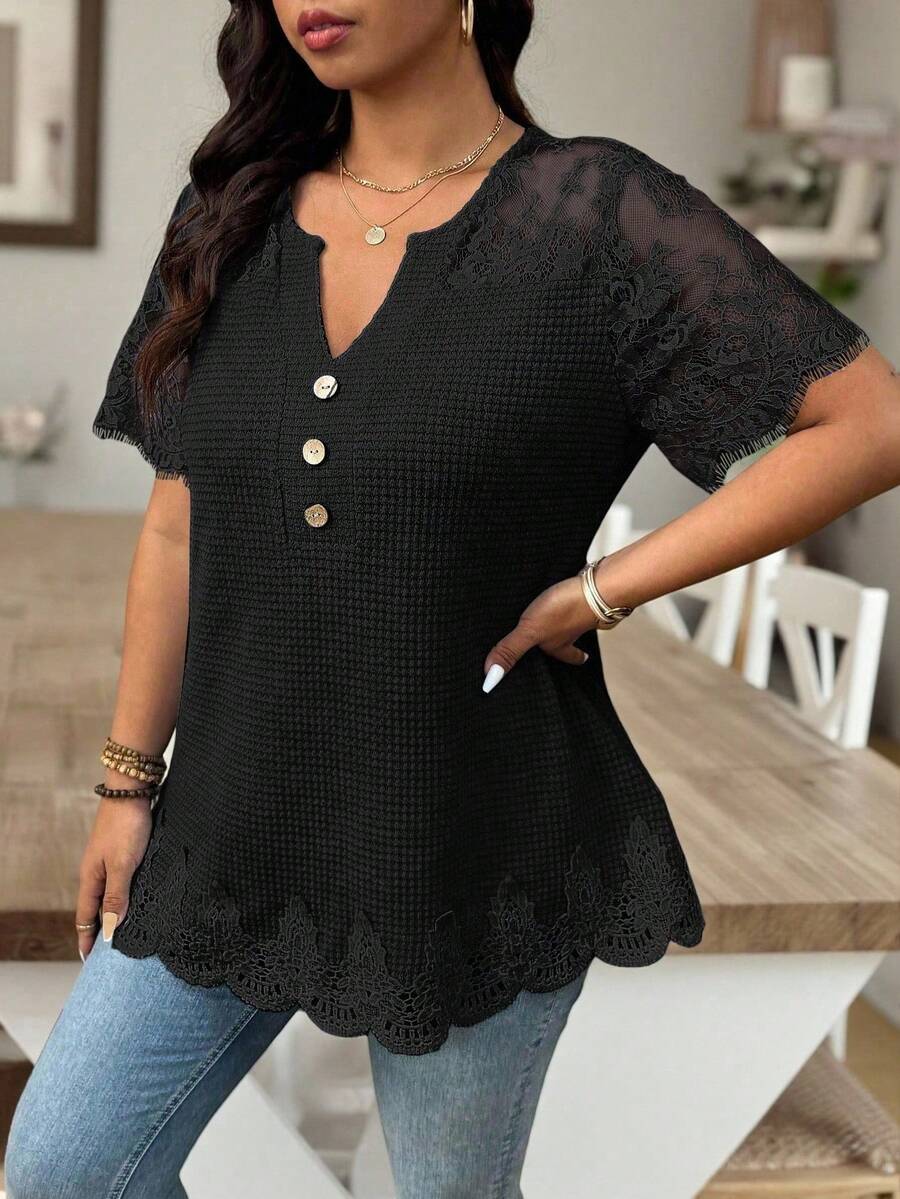 EMERY ROSE Plus Size Black Summer Elegant Everyday T-Shirt,V-Neck Keyhole Lace Mesh Splice Waffle Knit Short Sleeve Wooden Button Decor Casual Vacation Top - Black - View 1