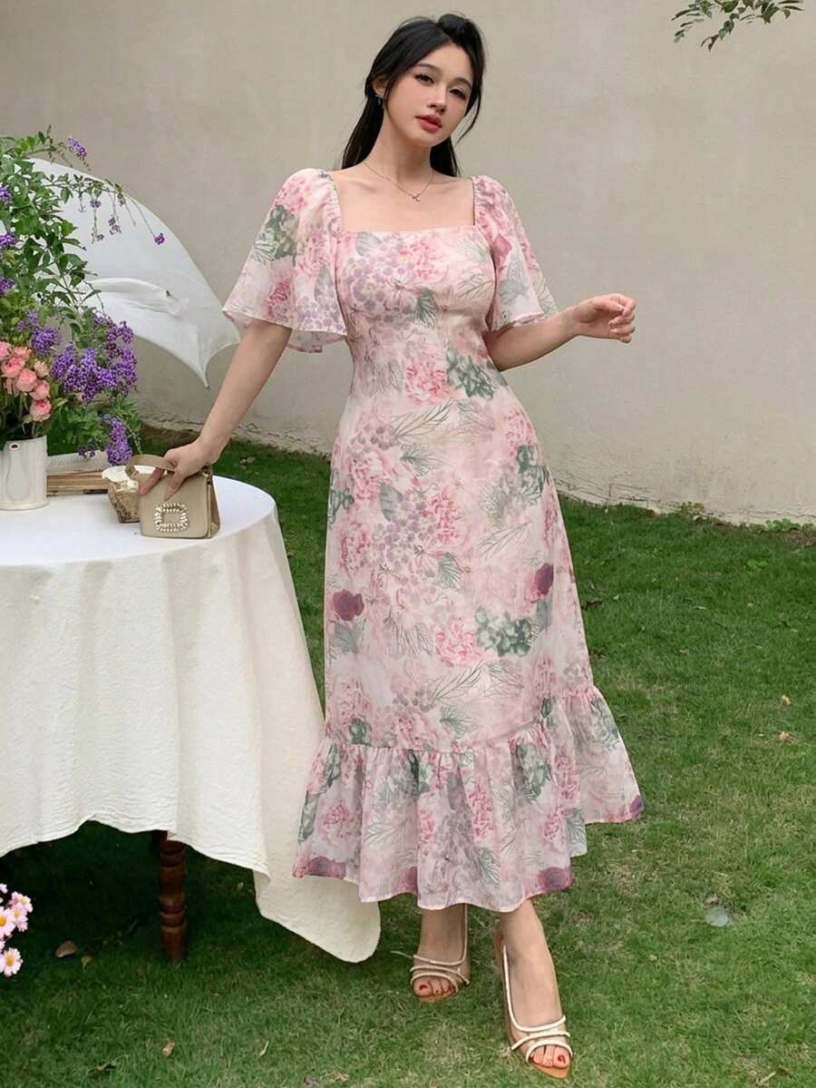 DAZY Elegant Floral Print Long Dress For Women, Spring & Summer - Pink - View 1