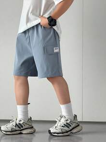 3件組青少年男孩寬鬆橄欖綠夏季休閒登山梭織素色運動工裝短褲套裝，簡約基礎百搭多色短褲 - 軍綠色 - 查看 4