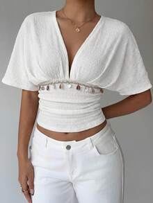 Aloruh Apricot Deep V Ruched Short Sleeve Tight Fitted Women T-Shirt,Summer Top - White - View 4