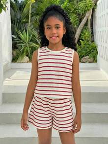 Tween Girl Red And White Summer Funny Tropical Vacation Holiday Knit Basic Sleeveless Top With Bow Decor & Shorts 2-Piece Set,Girls Two Piece Outfits - Red and White - View 6