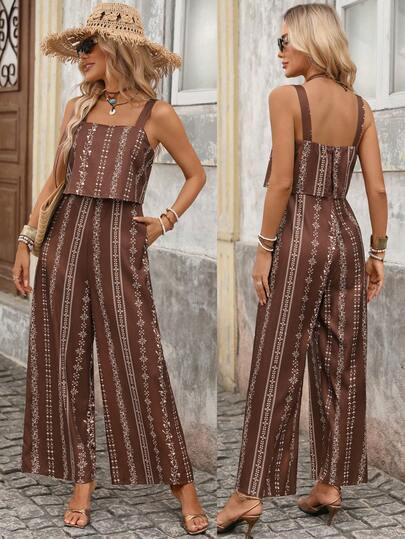  Women's Casual Vacation Style Botanical Print Jumpsuit, Spring/Summer,Vacation,Vacation Style,BOHO,BOHO Style,Brillora Women's Summer Striped Print Square Neck Jumpsuit For Vacation, Sleeveless Wide Leg Pocketed Beach Outfits For Woman, Vacation, Beach, Vacation Outfits Woman,Beach Outfits For Woman, Vacation, Beach, Vacation Outfits Woman