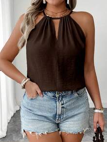 EMERY ROSE Plus Size Fashionable Apricot Spaghetti Strap Casual Loose Slimming Camisole With Sexy Shoulder Strap Design, Elegant For Women - Brown - View 5