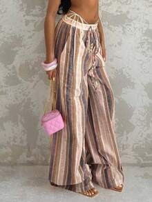 Glamine 女士条纹亚麻阔腿裤，休闲沙滩度假乡村长裤，优雅自然，夏季 - 彩色 - 查看 6