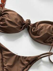 Sirith Bộ bikini 3 món Swim Oasis mùa xuân & hè, họa tiết ngẫu nhiên, màu cà phê, thiết kế bất đối xứng đính ngọc trai, gồm áo quây, quần và váy xếp ly phía trước, gợi cảm dành cho nữ. - Cà phê nâu - Xem 5