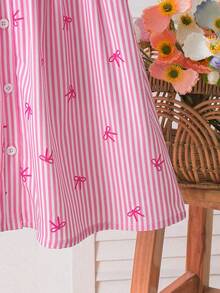 Elladie kids Vestido de niña con cuello bordado, decoración de lazo a rayas y botones en la cintura, adecuado para uso casual, elegante y lindo en el día a día o en vacaciones - Rosa - Ver 5