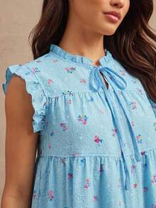 WESTFADE Ditsy Floral Printed Ruffle Mock Neck Bow Tie Lace Up Front Sleeveless Mini Dress Western Wear Women - Baby Blue - View 2