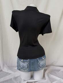 Sunspun Plus Size Casual Solid Color Polo Neck Fitted T-Shirt, Summer - Black - View 2