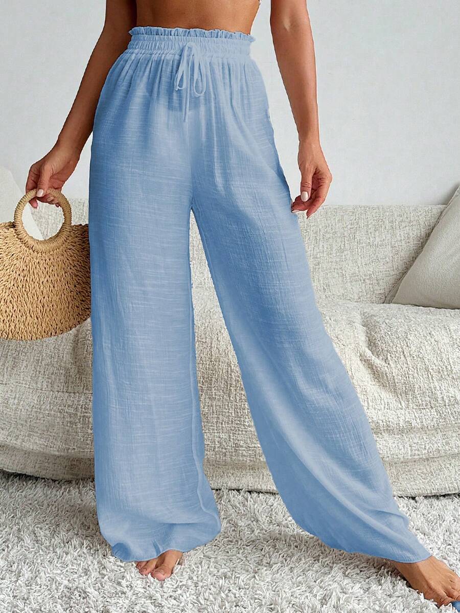 Swim Vcay Quần bikini ống rộng cạp cao, xếp ly, buộc dây phía trước dành cho nữ, thích hợp cho kỳ nghỉ hè ở bãi biển. - Màu xanh lam - Xem 1