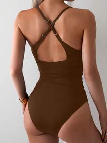 SHEIN Swim 女士性感露背纯色褶皱连体泳衣，适合海滩度假 - 棕色 - 查看 2