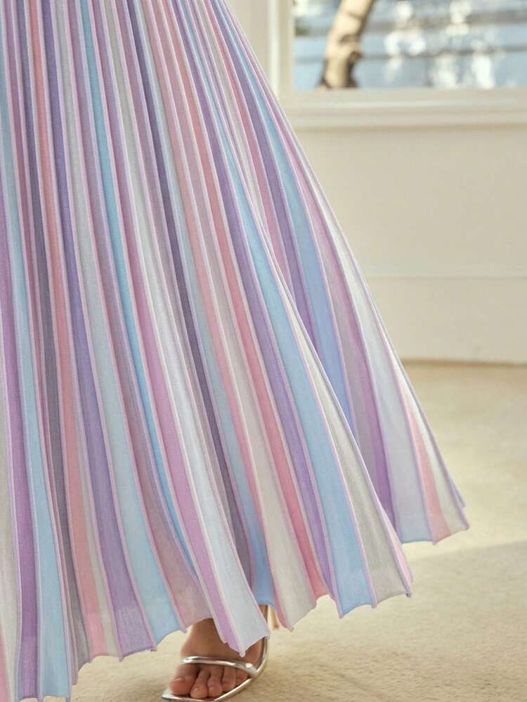 WOMEN'S ELEGANT VACATION STYLE COLORBLOCK RAINBOW OMBRE PLEATED SWEATER SKIRT