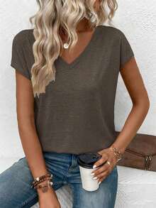 EMERY ROSE Women's Solid Color V-Neck Short Sleeve Casual Versatile T-Shirt - Coffee Brown - View 5